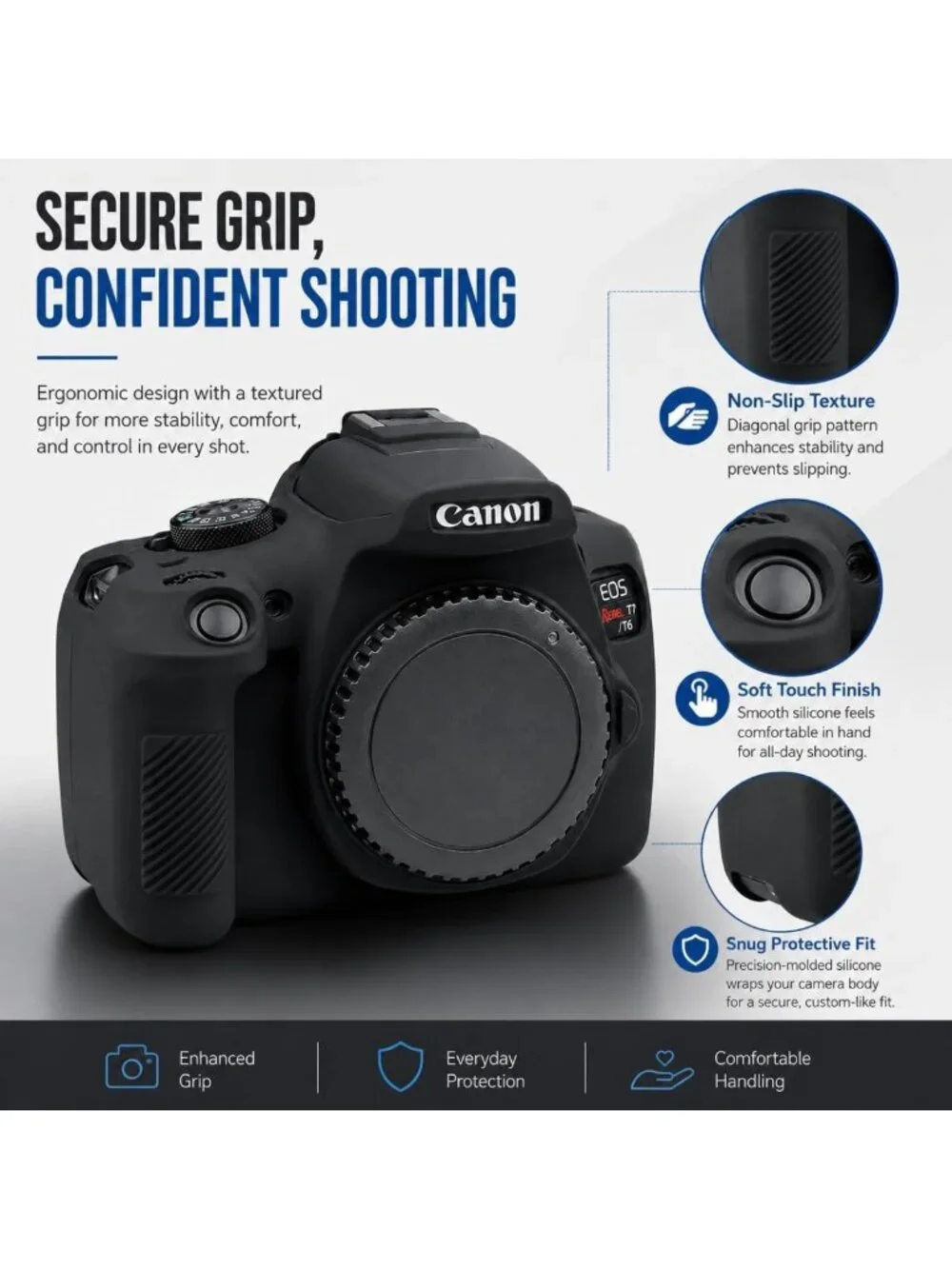 Soft Silicone Camera Case Cover for Canon EOS Rebel T7/T6 - Anti-Scratch, Screen